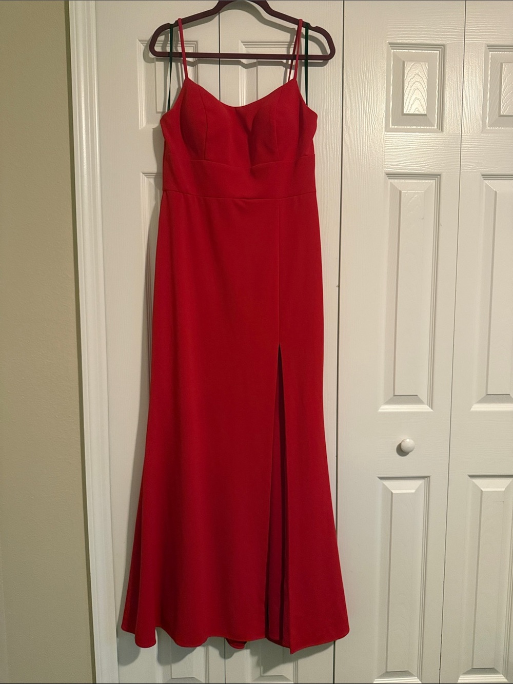 Betsy & Adam Red Spaghetti-Strap Prom Gown with Front Slit